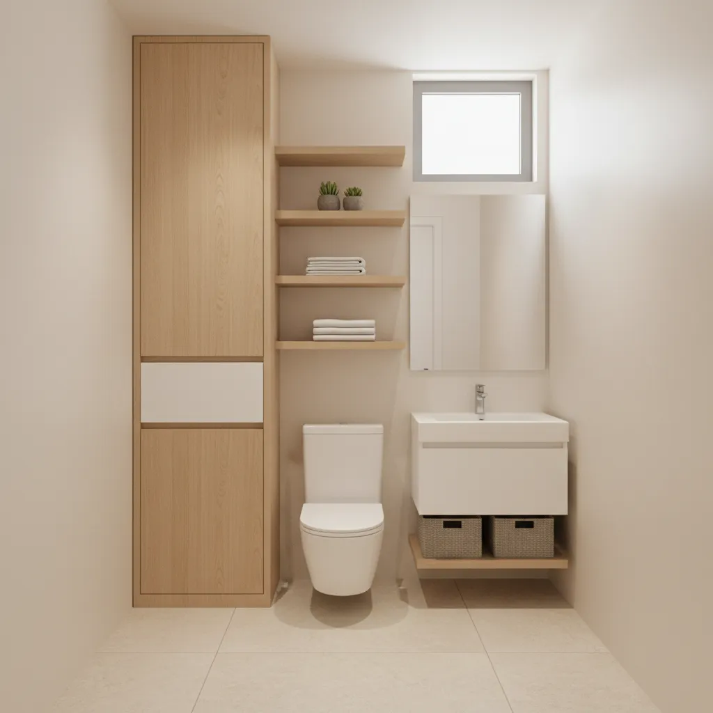 Small bathroom with tall storage cabinet and shelving above toilet