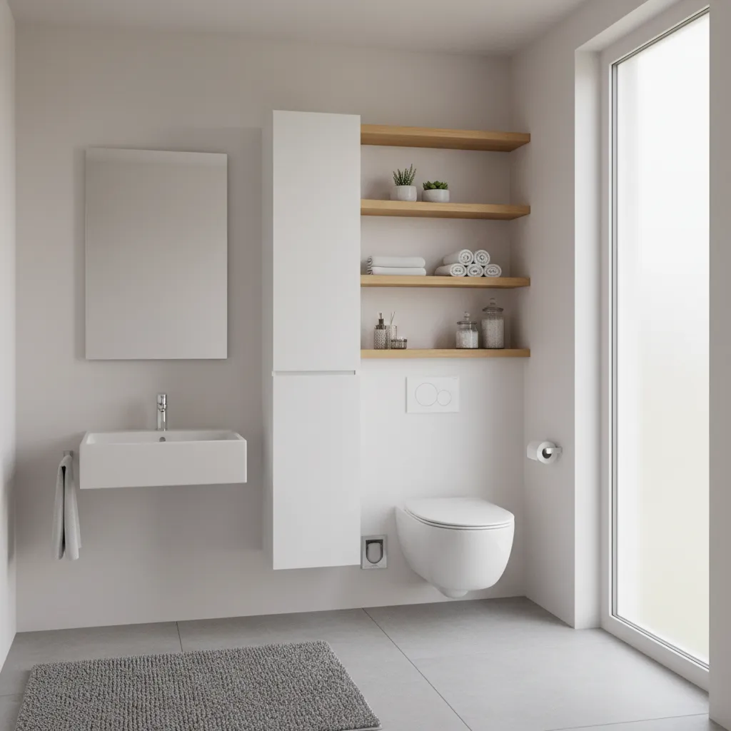Vertical storage cabinets and shelving in a tiny bathroom