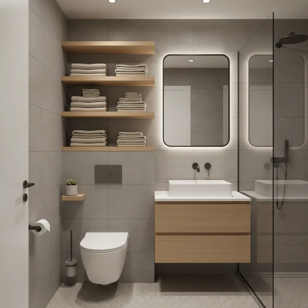 Small bathroom with floating shelves above toilet creating vertical storage space