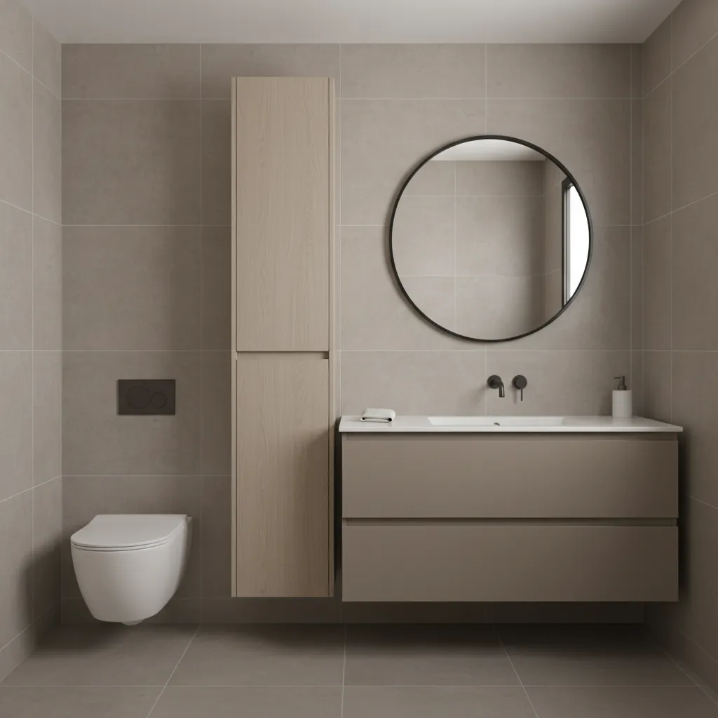 small bathroom vertical storage cabinet above toilet with floating vanity