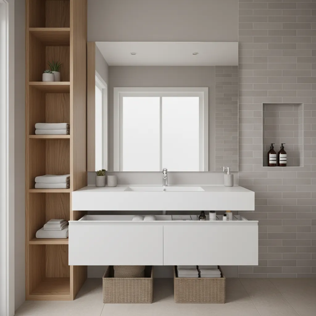 small bathroom vertical storage shelves and recessed wall niche