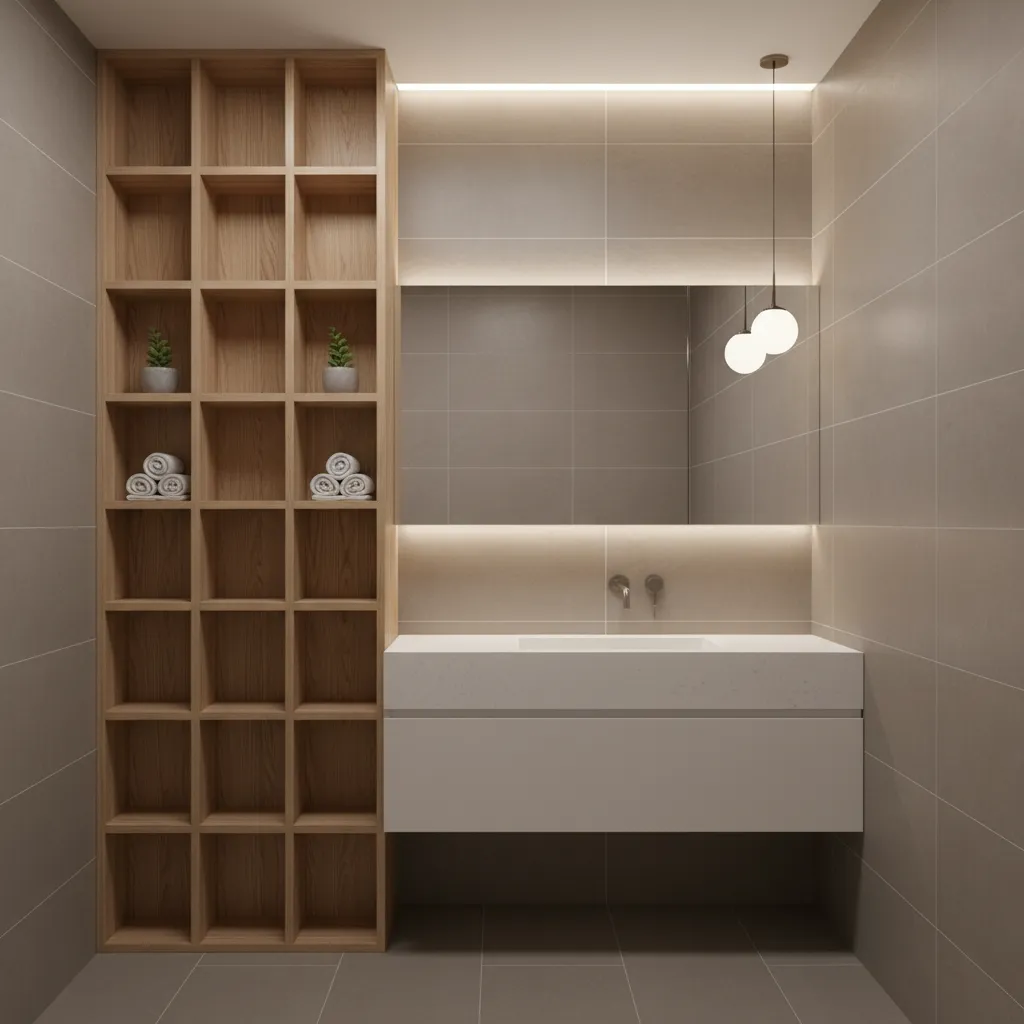 vertical storage shelves and floating vanity in small bathroom