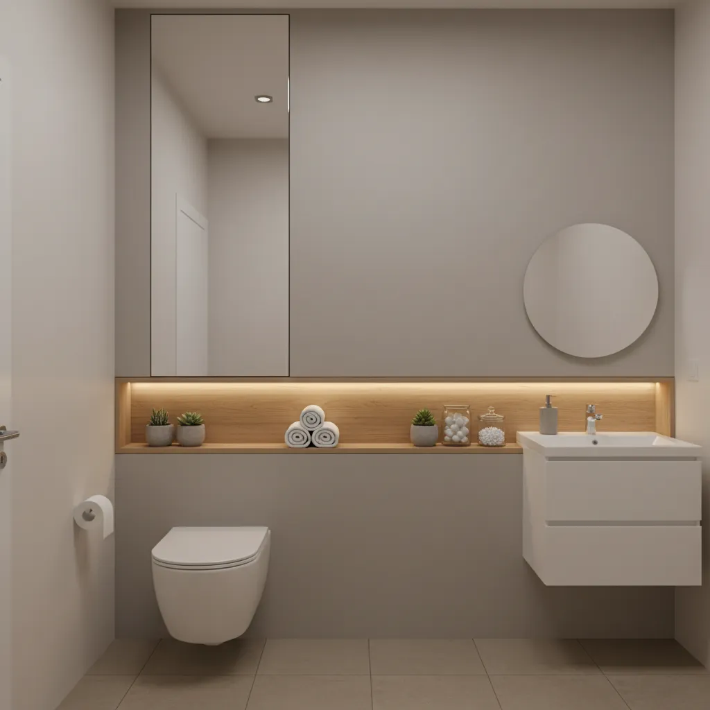 vertical storage solutions in compact bathroom with recessed cabinet