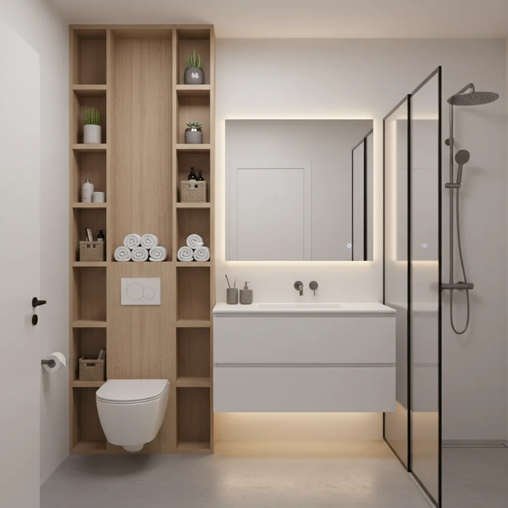 baño pequeño con almacenamiento vertical y estantes flotantes