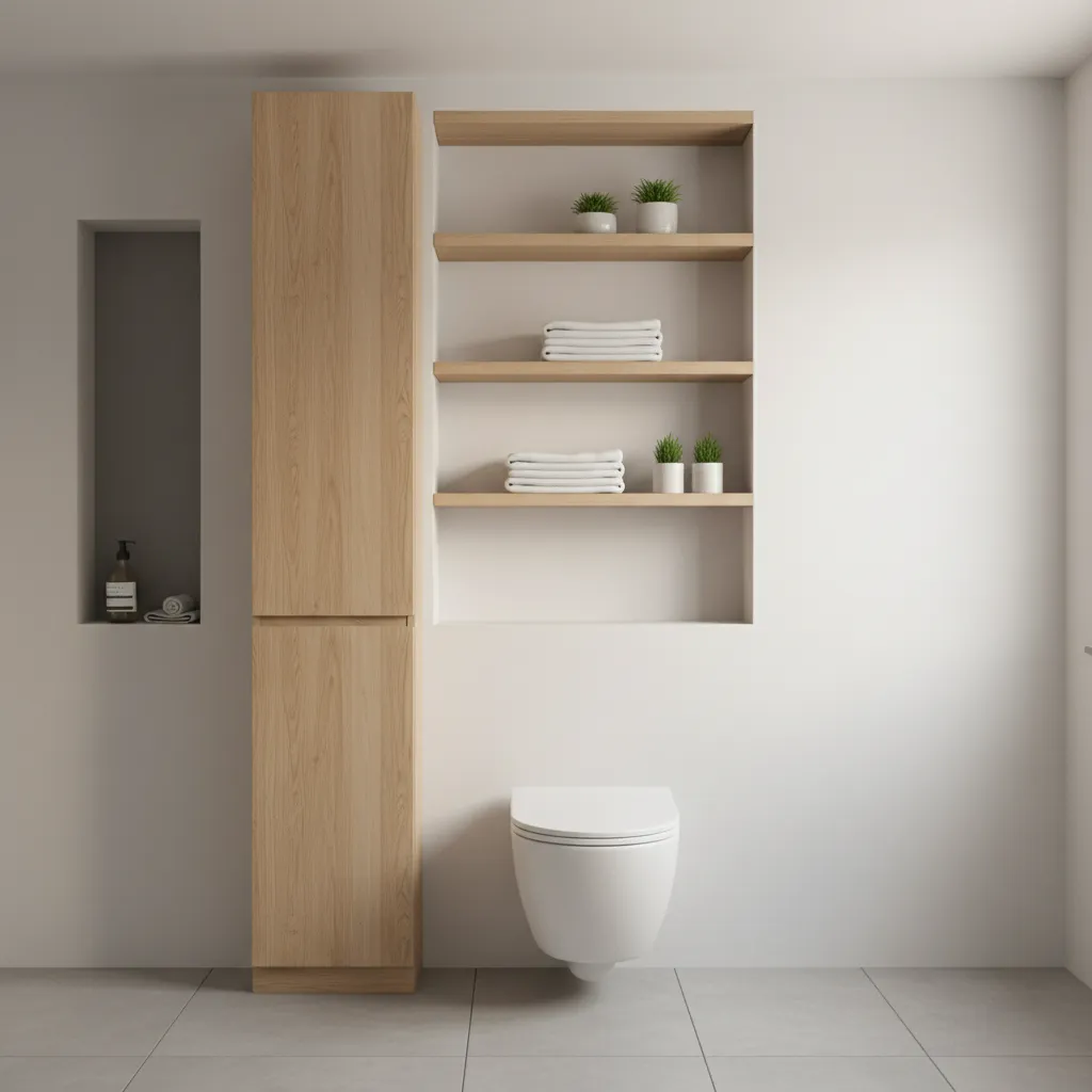 Vertical shelving and recessed storage in a compact bathroom