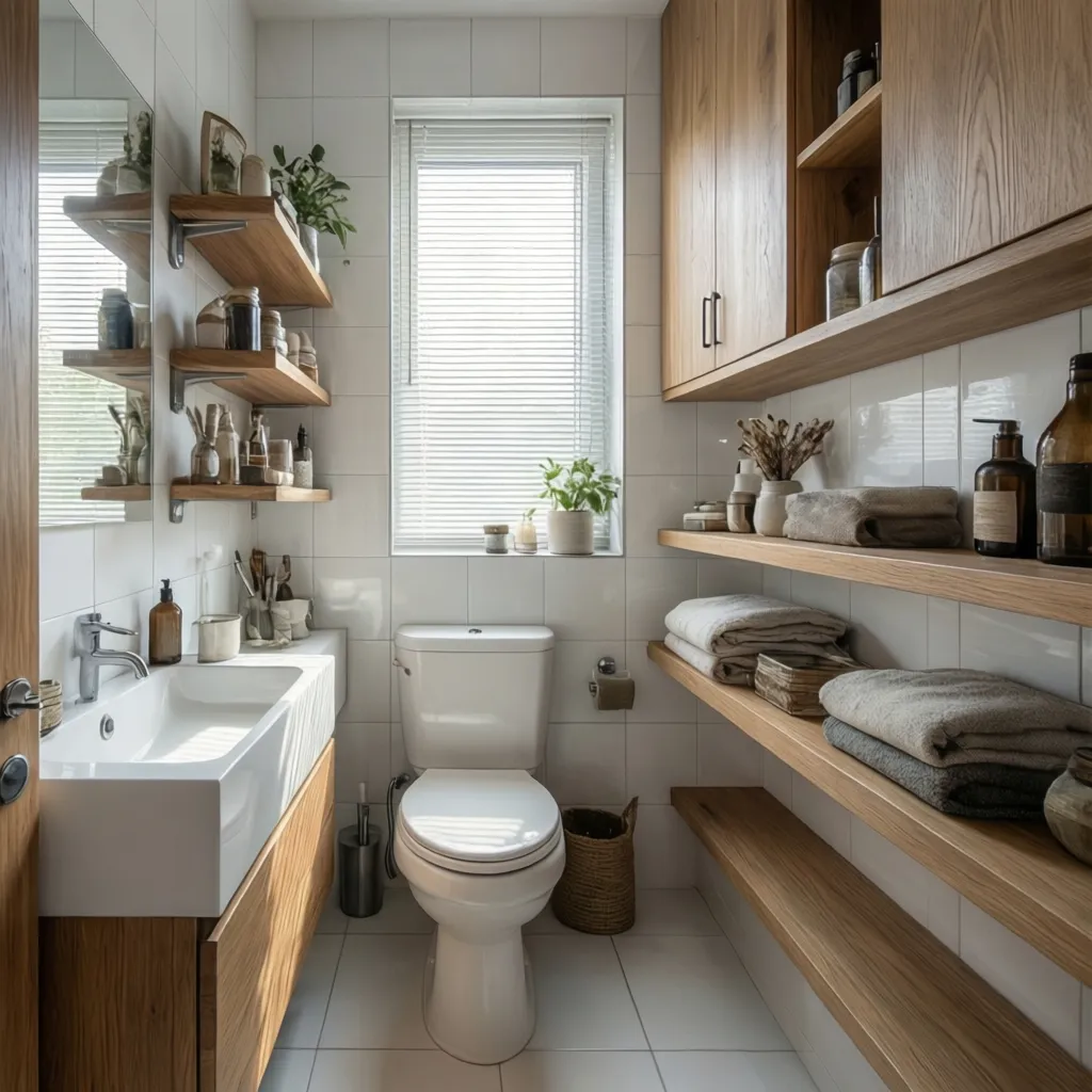 small bathroom with vertical shelves above toilet and wall mounted storage