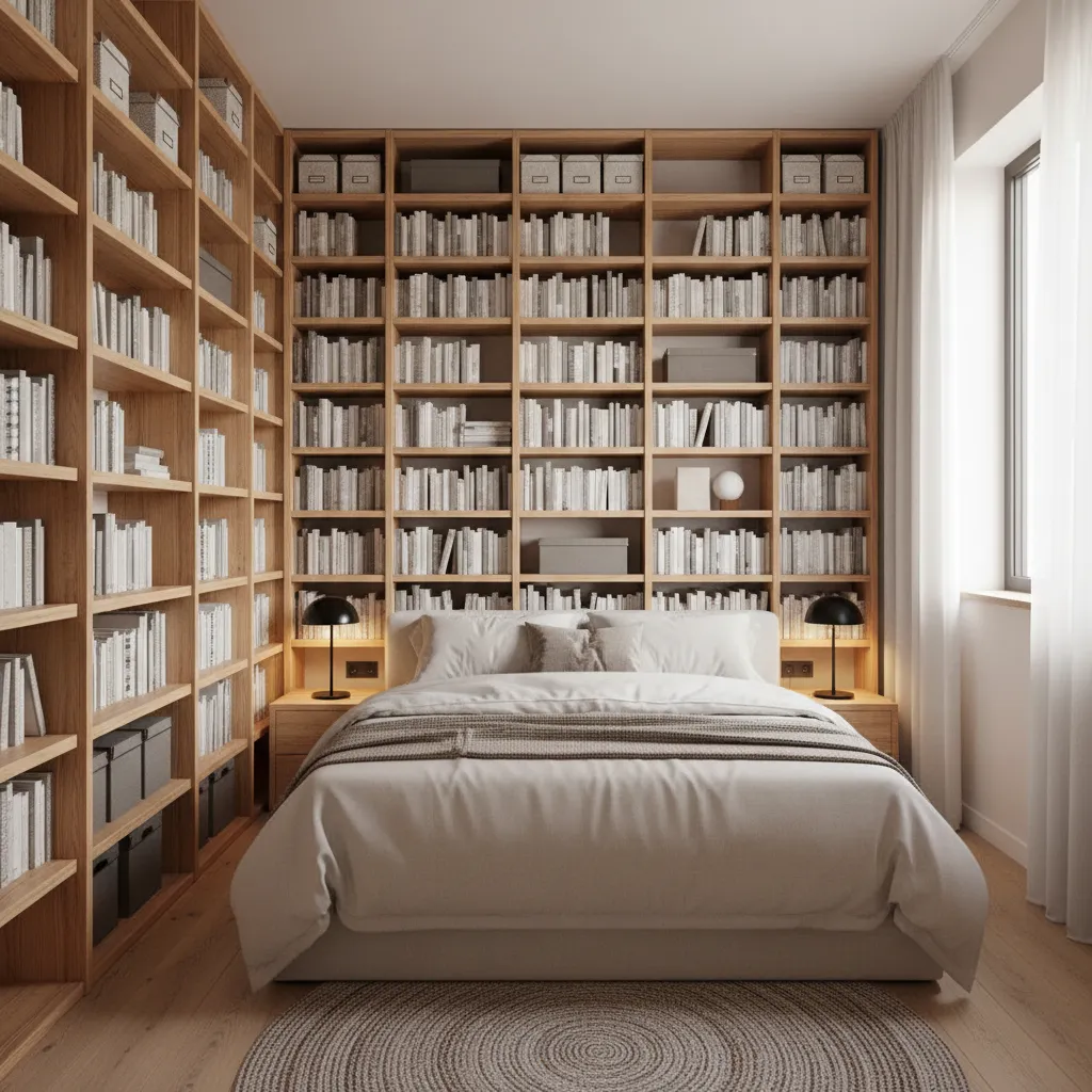 Small bedroom with vertical shelving and ceiling height storage
