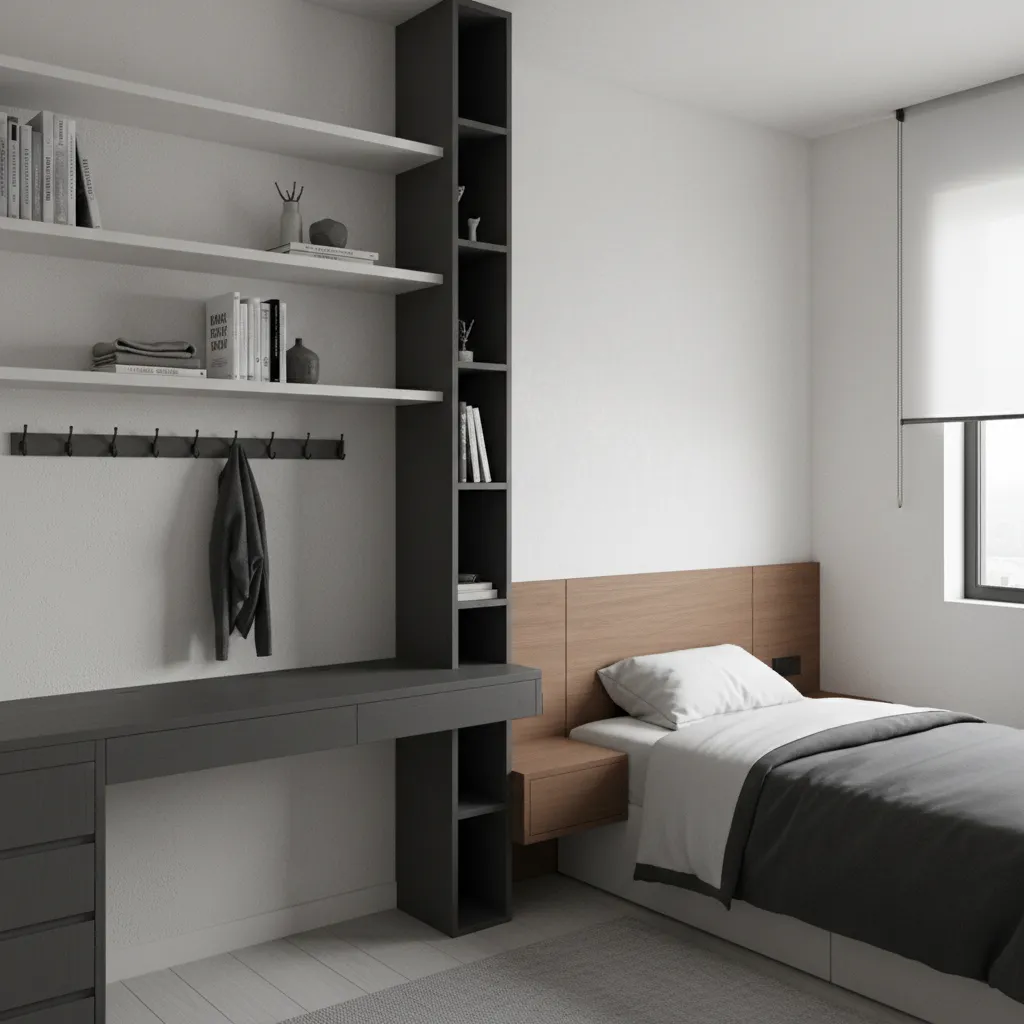Vertical wall storage and shelves in a small masculine bedroom