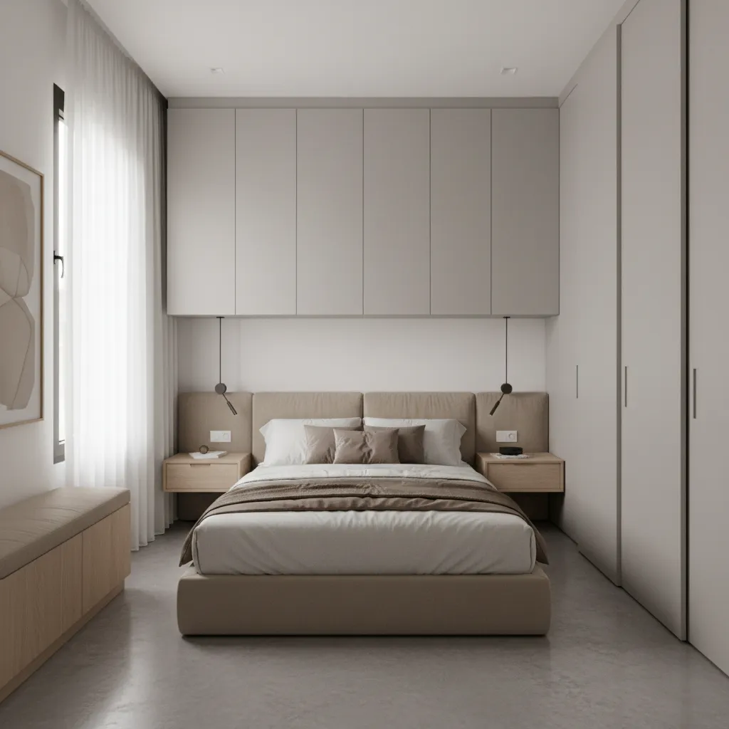 Small bedroom with floor-to-ceiling wardrobe storage