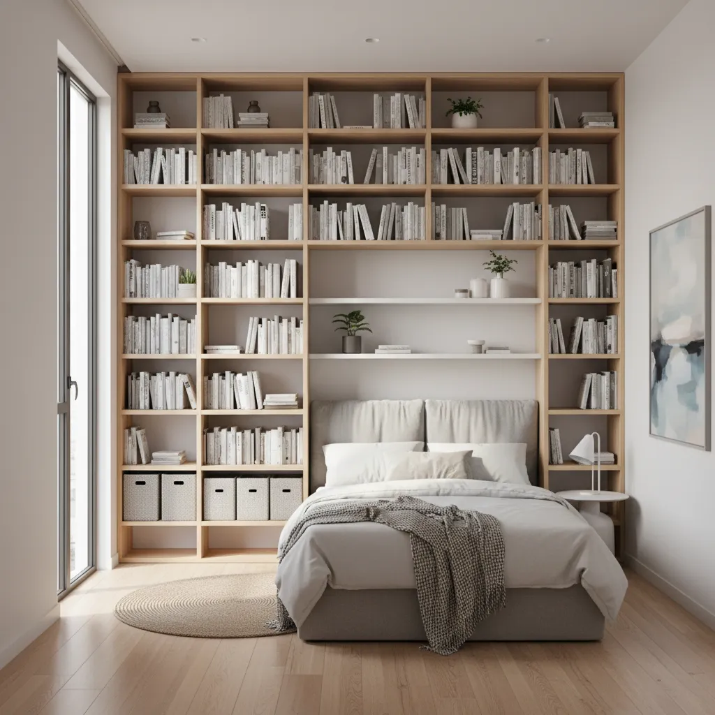 Small bedroom with floor to ceiling shelving and vertical storage