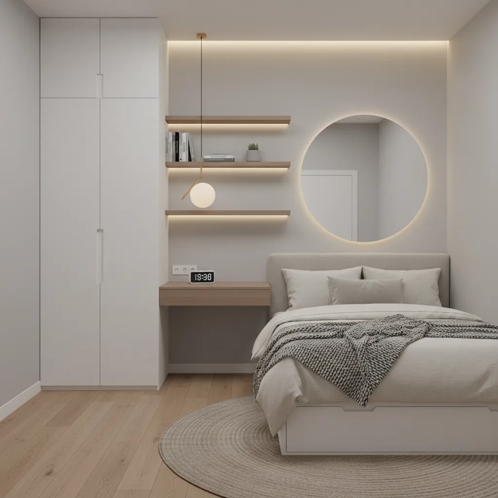 Vertical storage and wall shelving in a compact bedroom