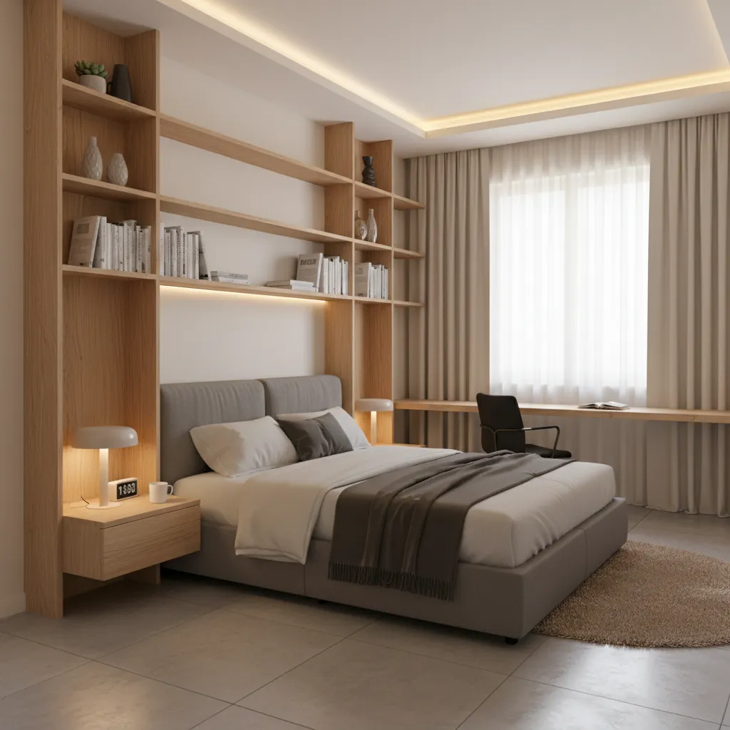 Small bedroom using vertical storage shelves above bed and desk