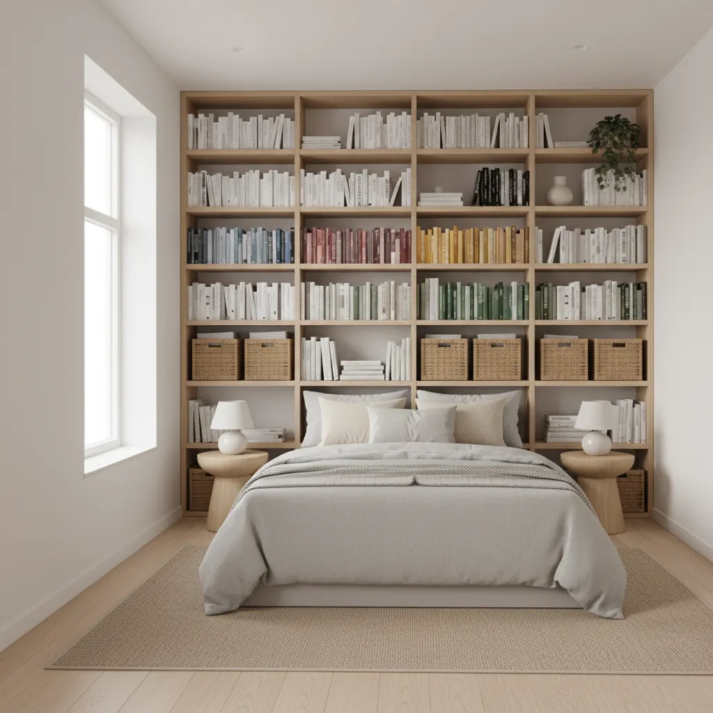 Tall vertical shelving unit beside a full bed in a small bedroom
