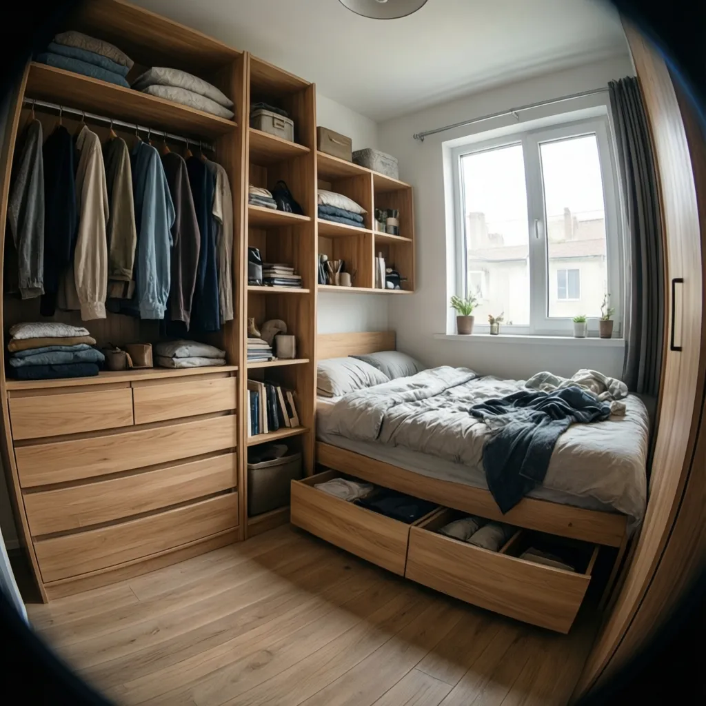 small bedroom using vertical storage shelves and under bed drawers