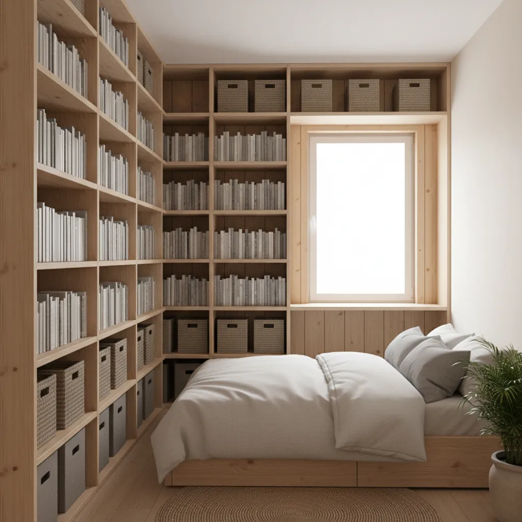 Vertical wall storage solution in a small bedroom