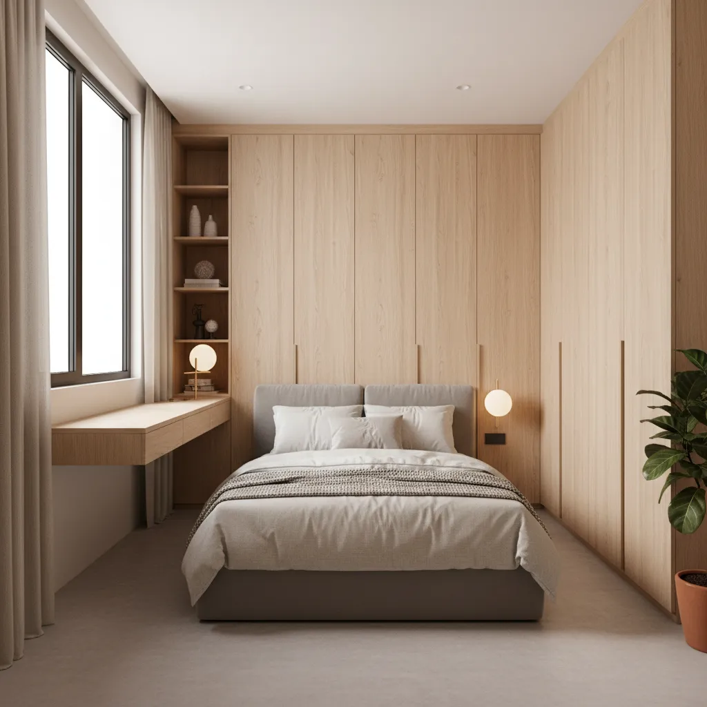 Small bedroom with floor to ceiling vertical storage cabinets