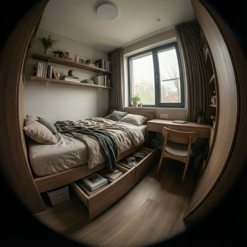 Tiny bedroom using vertical wall shelves and under bed storage