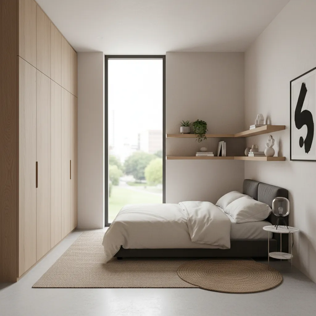 vertical storage and minimal furniture in compact bedroom