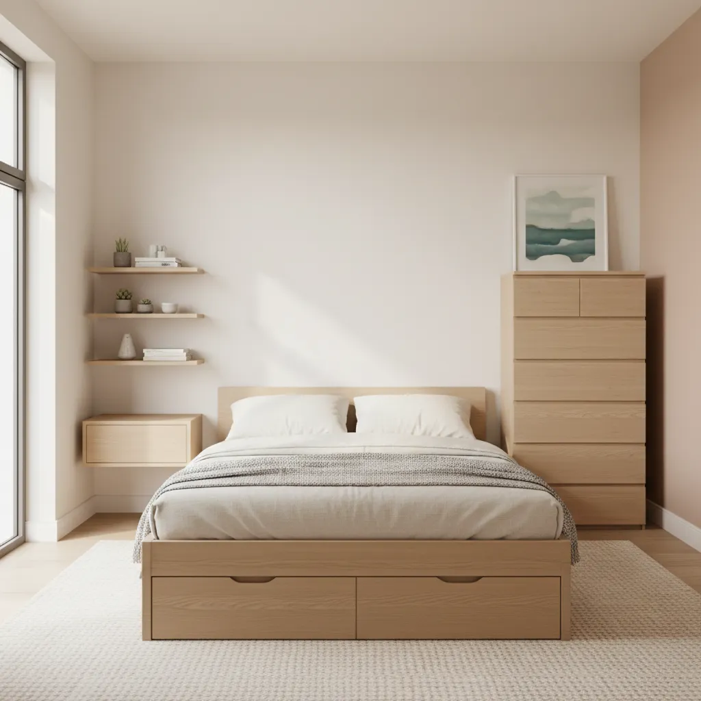 Small bedroom using vertical storage solutions