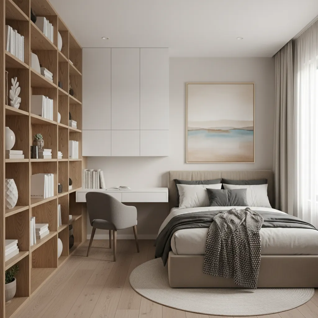 vertical shelving and wall storage in a small bedroom