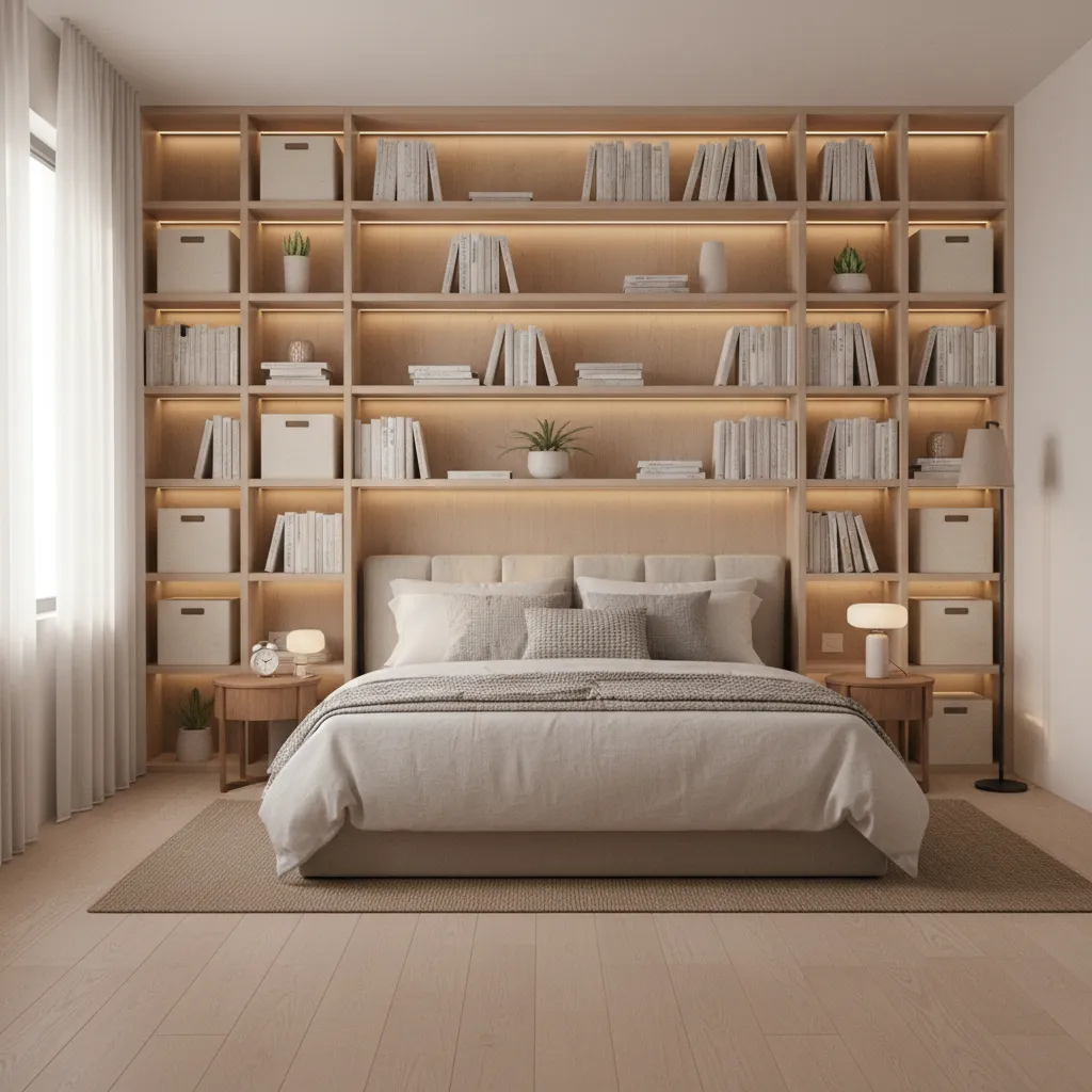 vertical wall storage shelves maximizing space in a 15x11 bedroom