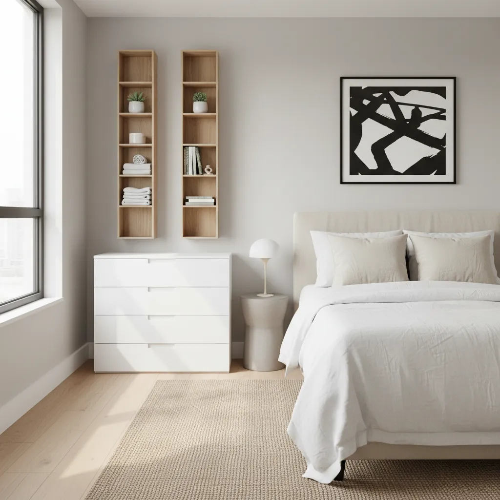 Small bedroom using vertical storage shelves instead of multiple dressers