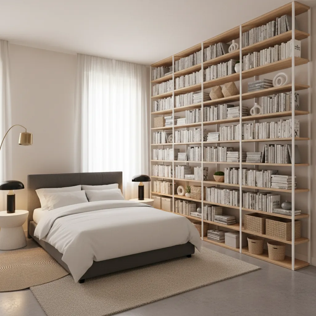 vertical wall storage shelves in a small bedroom maximizing wall space