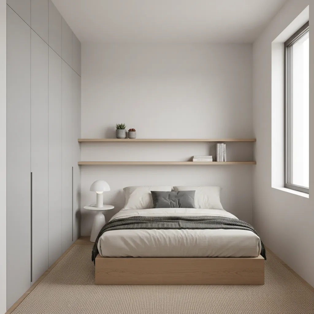 vertical wardrobe and wall shelves in a small rectangular bedroom
