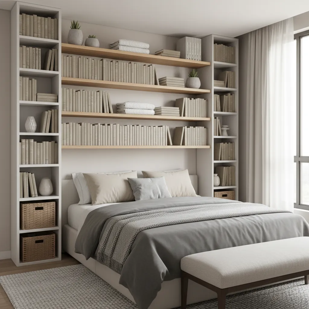 Small bedroom using vertical wall storage shelves