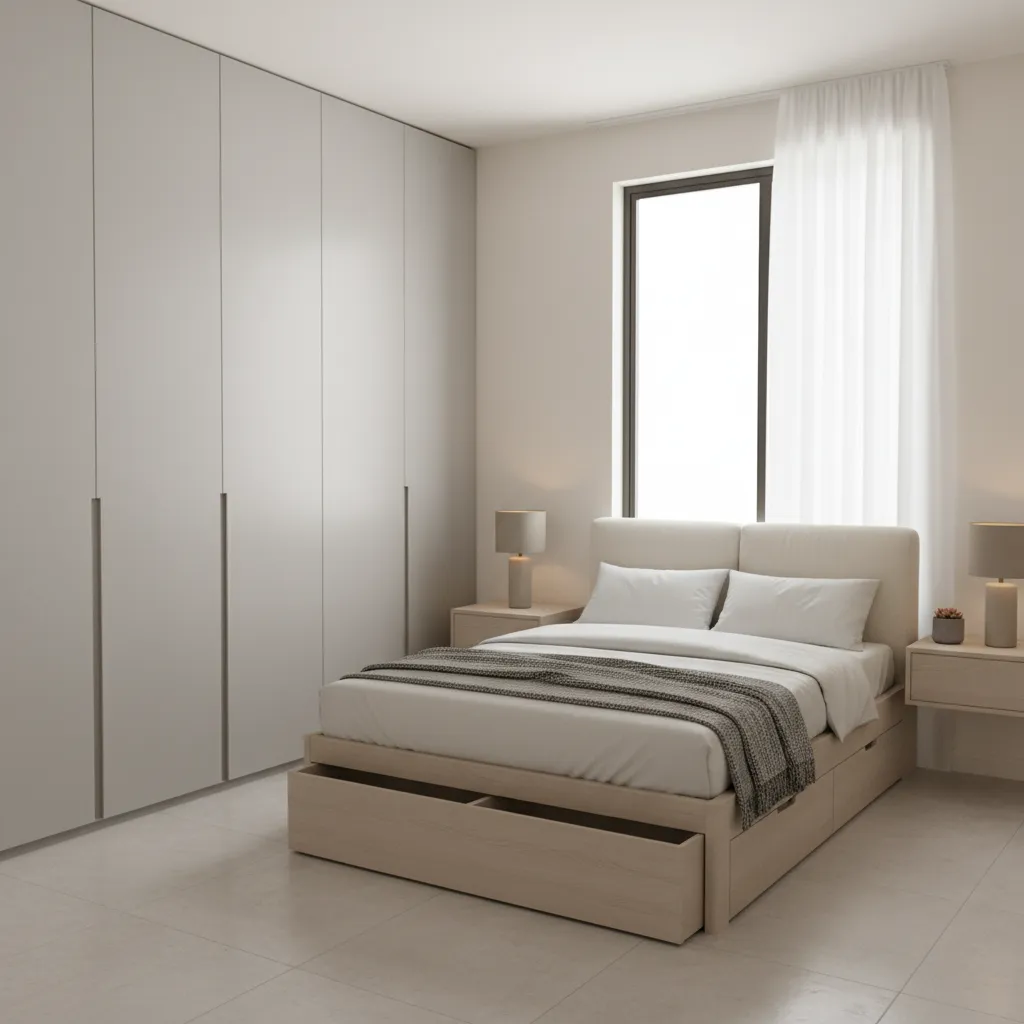 bedroom with full height wardrobe storage in a compact apartment