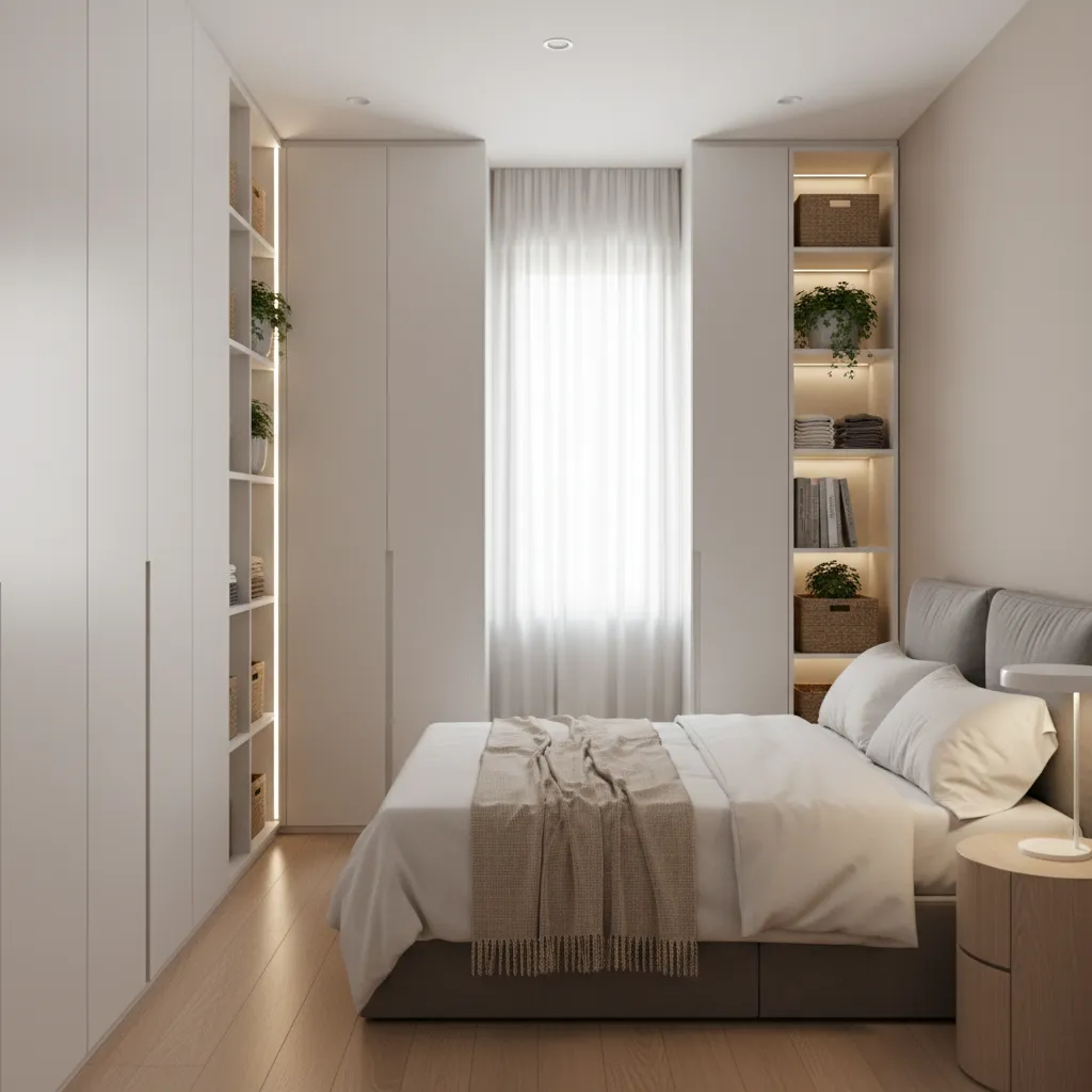 Bedroom with floor to ceiling wardrobe and vertical storage