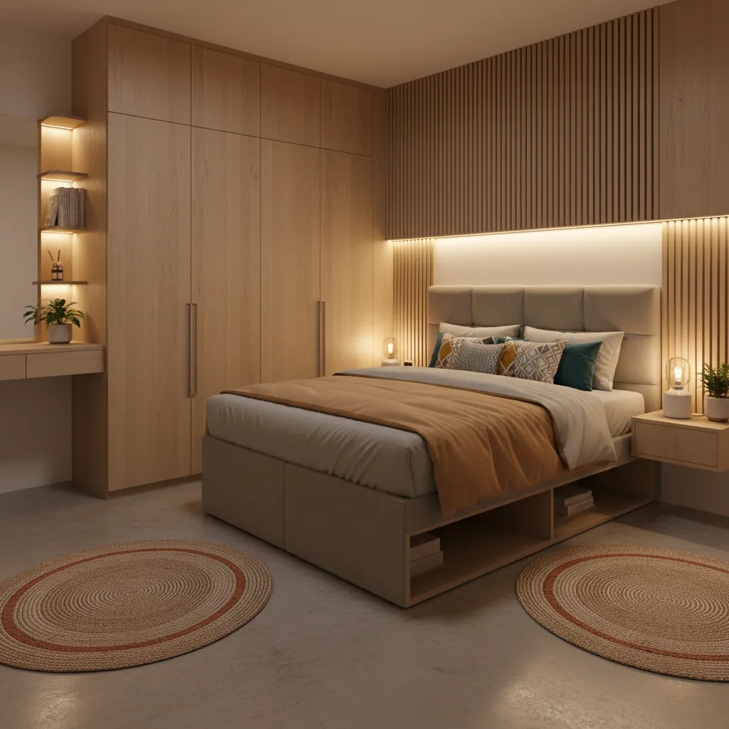 Small bedroom with floor to ceiling wardrobe storage
