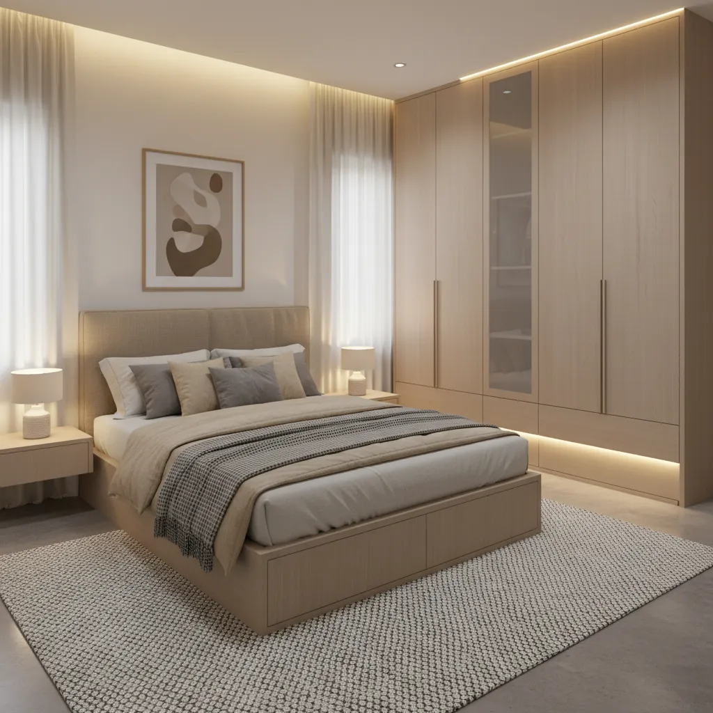 Small bedroom with floor to ceiling wardrobe and storage bed