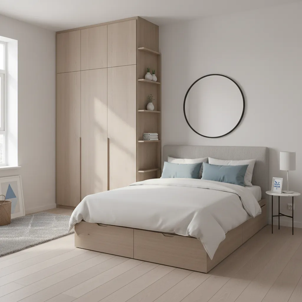 small bedroom with full height wardrobe and vertical storage solutions