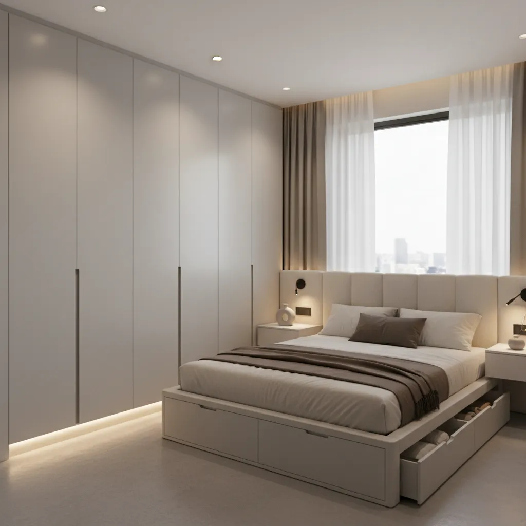 Small bedroom with floor to ceiling wardrobe and storage bed