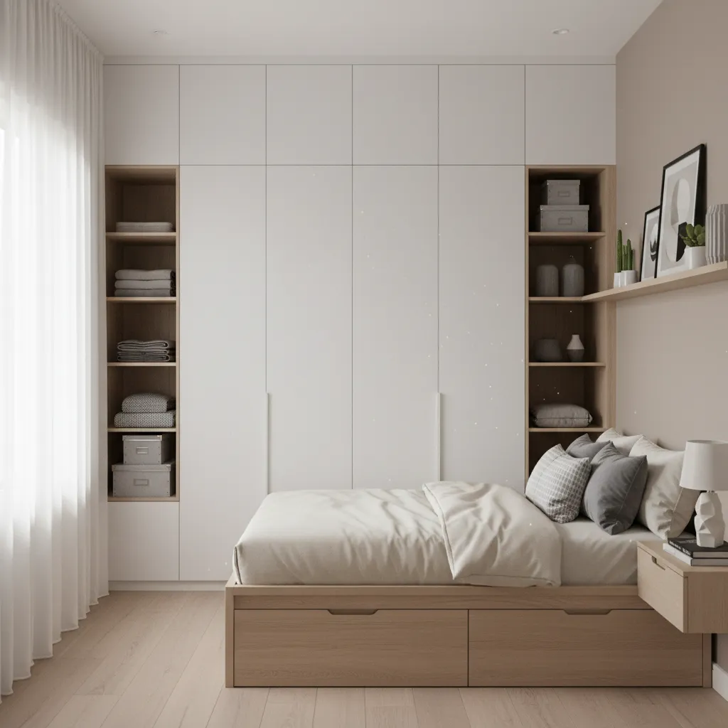 Bedroom with floor to ceiling wardrobe storage in a small apartment