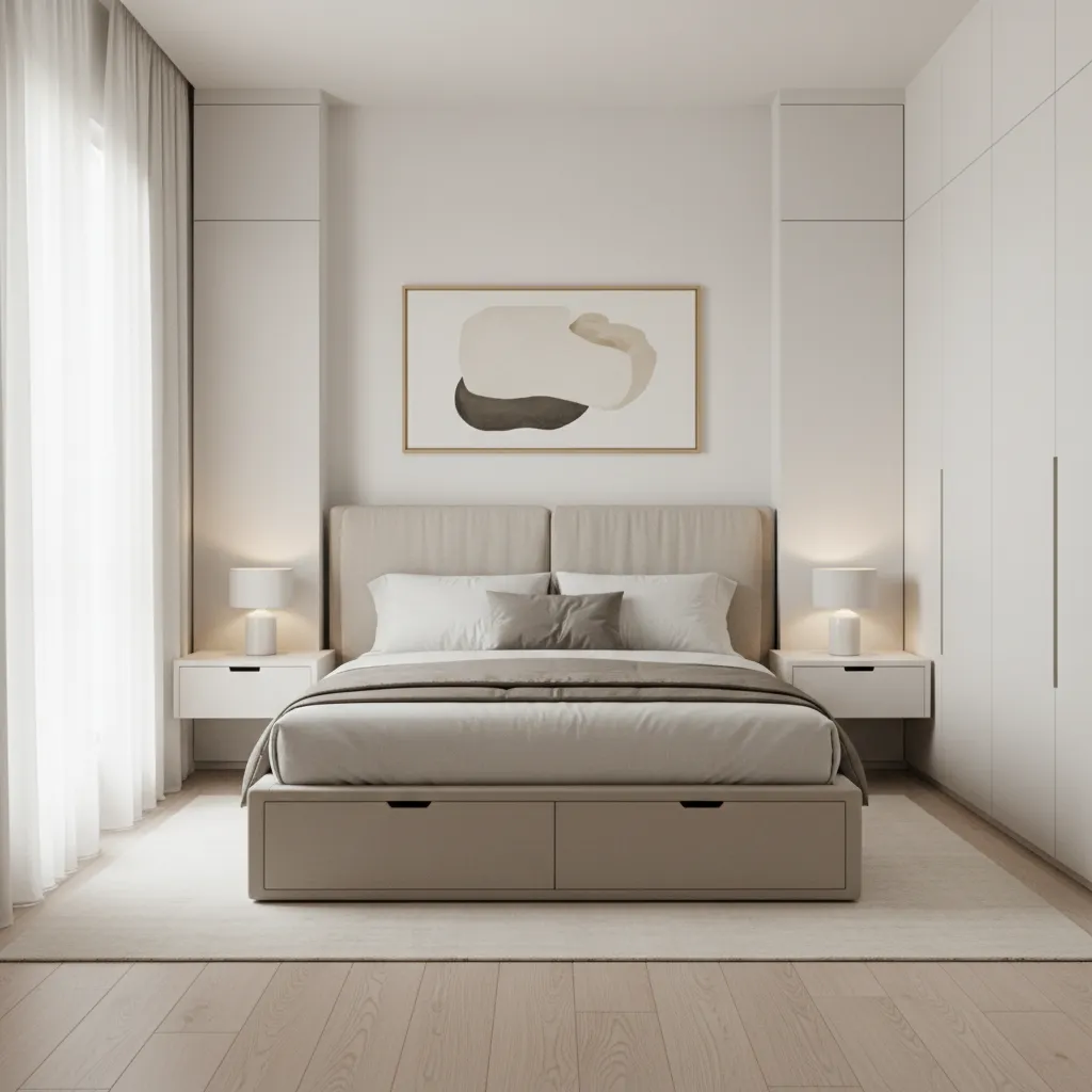 Small bedroom with floor to ceiling wardrobe and vertical storage