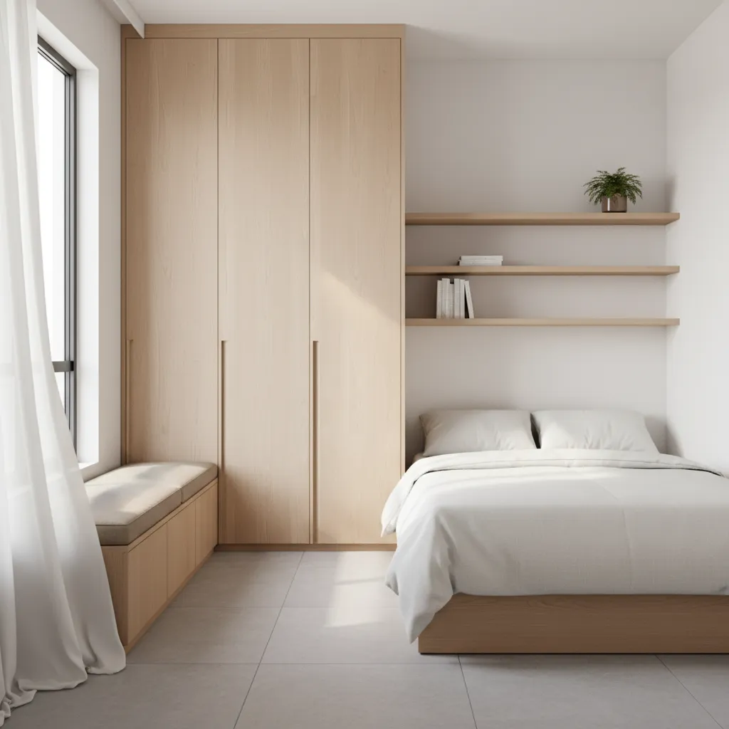 Small bedroom with full height wardrobe and vertical storage solutions
