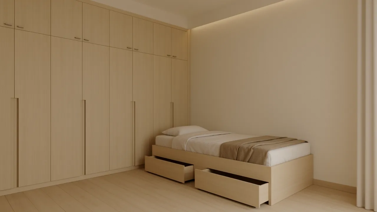 Floor to ceiling wardrobe storage in a compact bedroom