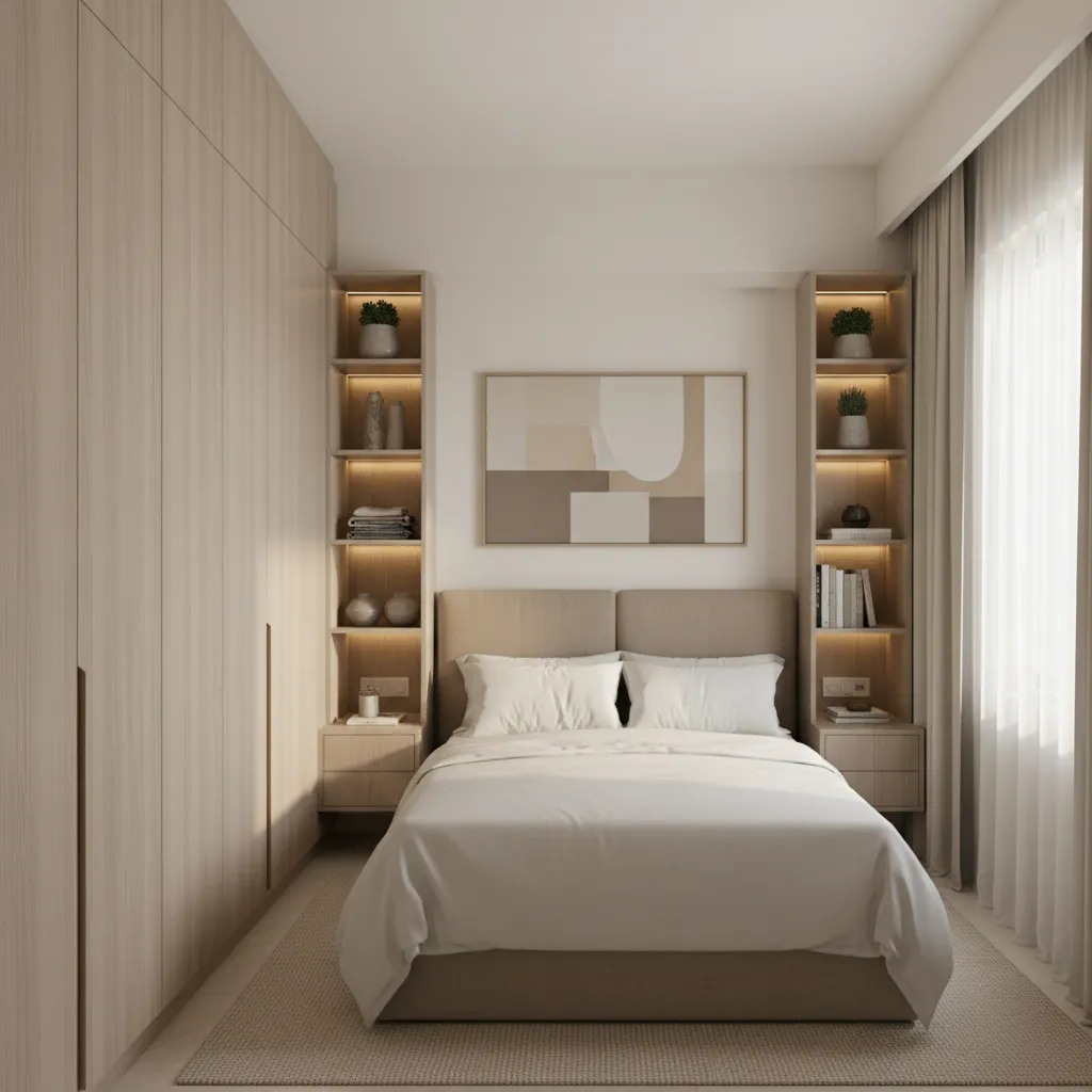 Bedroom with floor to ceiling wardrobe storage in compact apartment