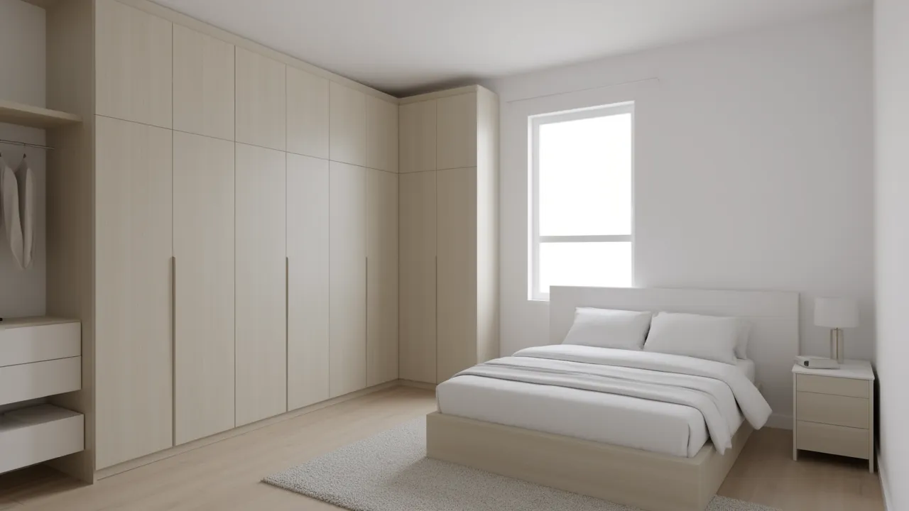 floor to ceiling wardrobe storage in small 1 BHK bedroom