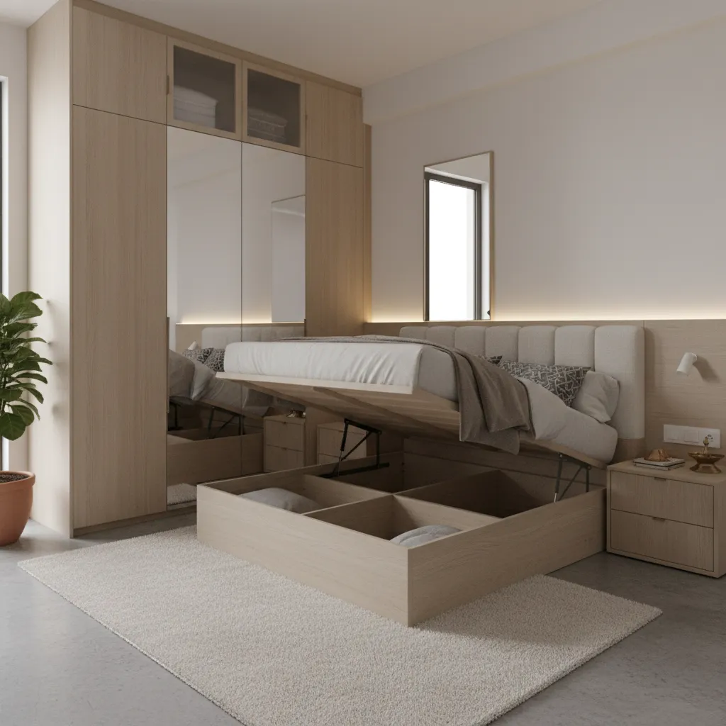 floor to ceiling wardrobe storage in small apartment bedroom