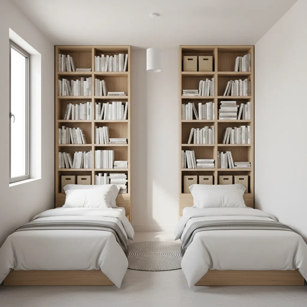 Small bedroom using vertical wall storage above two beds