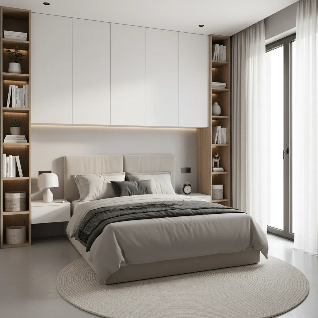 small bedroom with vertical storage shelves and wall mounted cabinets above bed