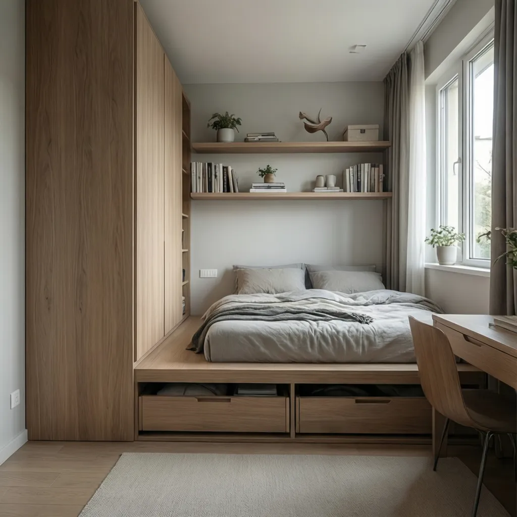 Tiny bedroom using tall wardrobe and vertical shelving to maximize storage