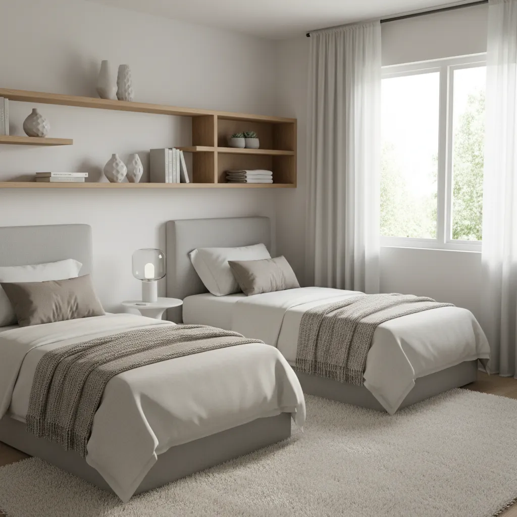 Small twin bedroom using wall shelves and corner storage above beds