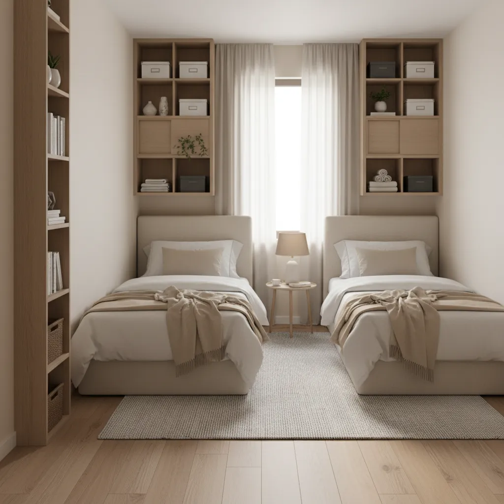Small bedroom with two beds using vertical storage shelves above beds