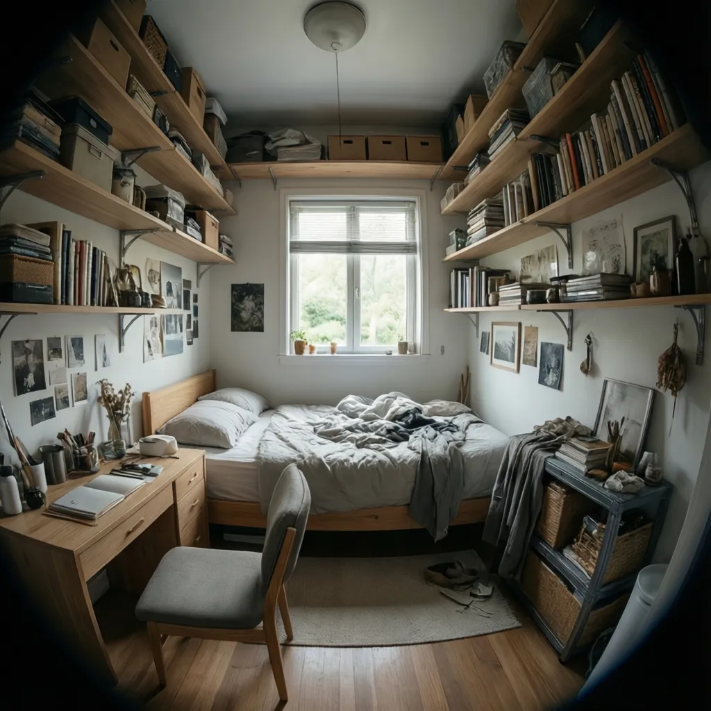 vertical wall storage shelves in compact bungalow room