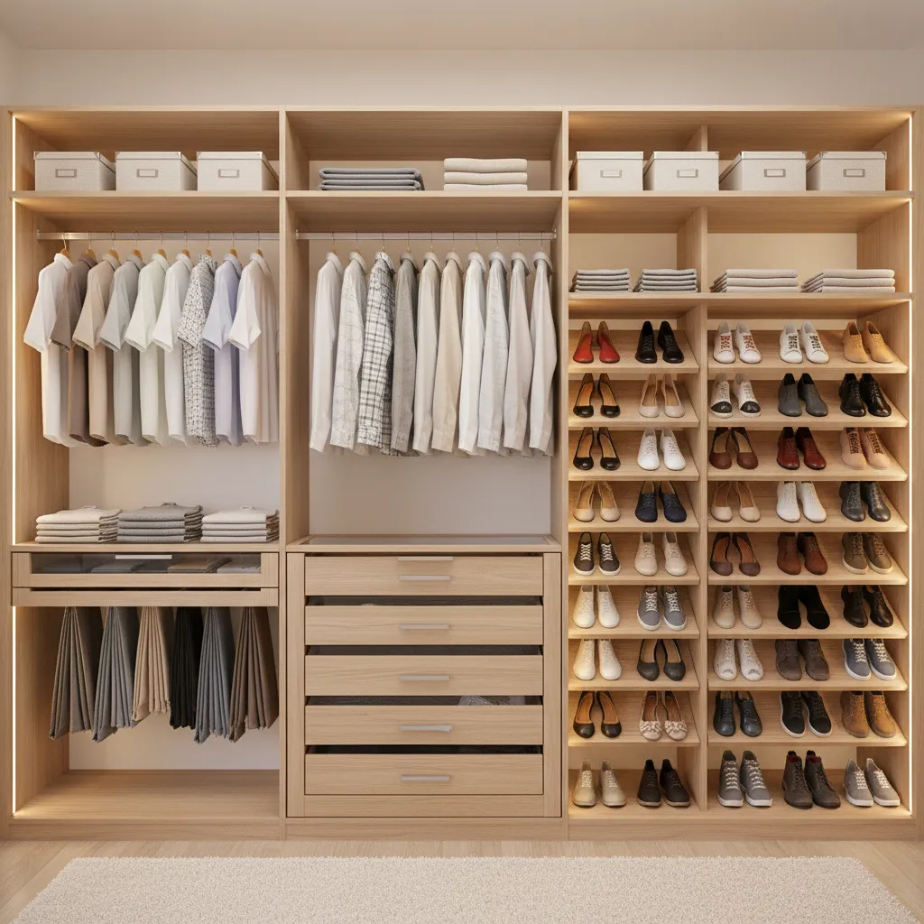 Vertical storage system in small walk in closet reaching ceiling