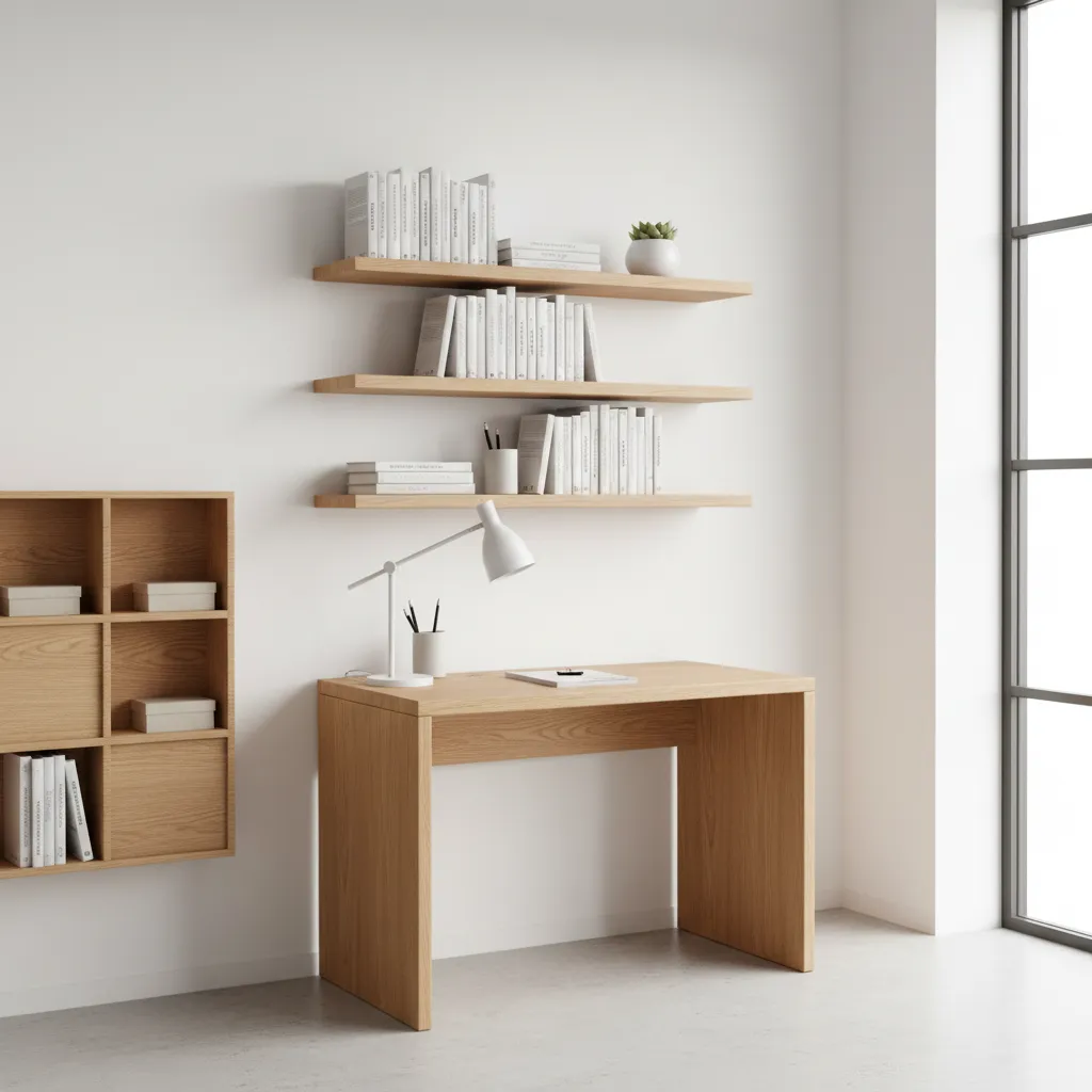 small wooden desk with vertical wall shelves storage solution